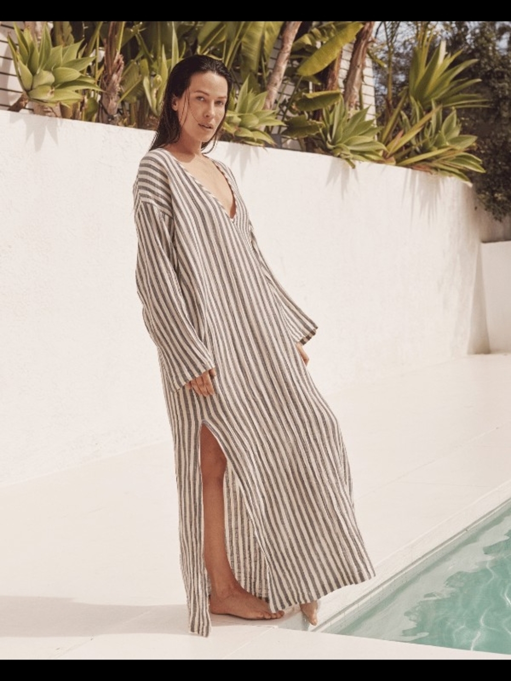Kiltan Gauze Cover Up Striped V-Neck Maxi Caftan Dress - Neutral Stripe One Size - Picture 6 of 6